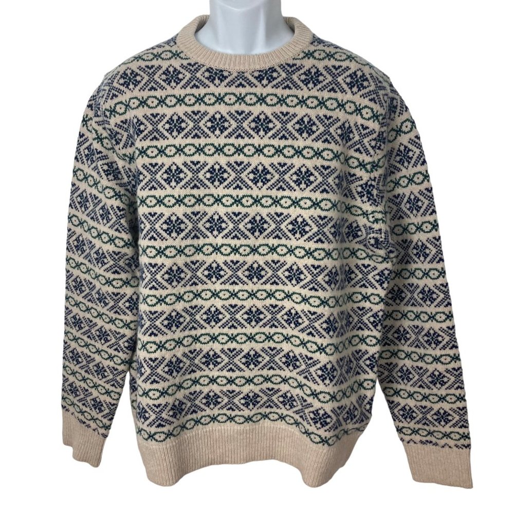 J. Crew Cream Fair Isle Crewneck Sweater with Navy and Green Pattern